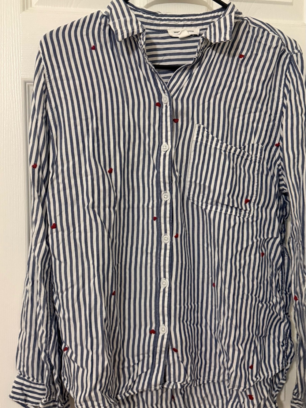 Striped Blue and White Button-Up Shirt with Red Dot Accent